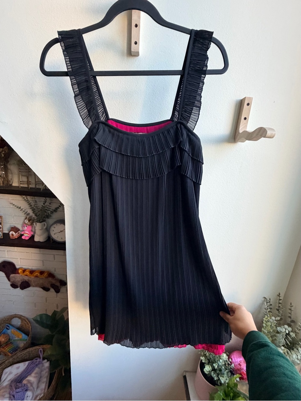 Black Pleated Ruffle-Trim Camisole with Pink Lining